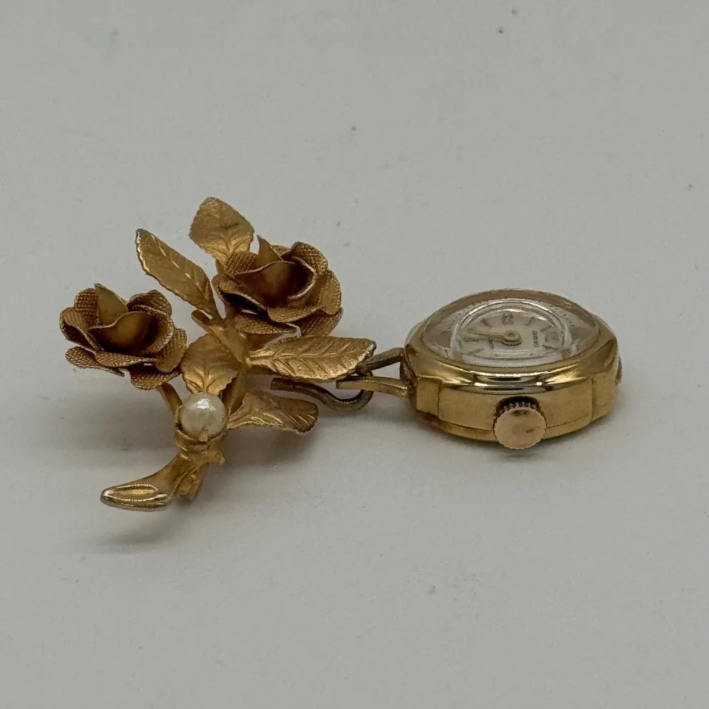 Vintage 60s Golden Shield Swiss Made Mechanical Rose Lapel Watch Brooch Pin